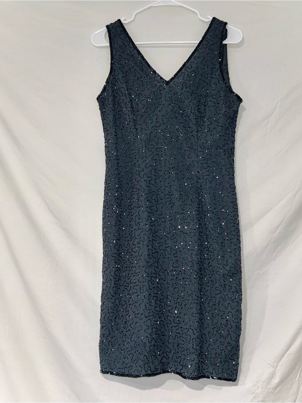 Beaded Dark Gray Cocktail Evening Sheath Dress JMD Vintage 90s Romantic V Neck S